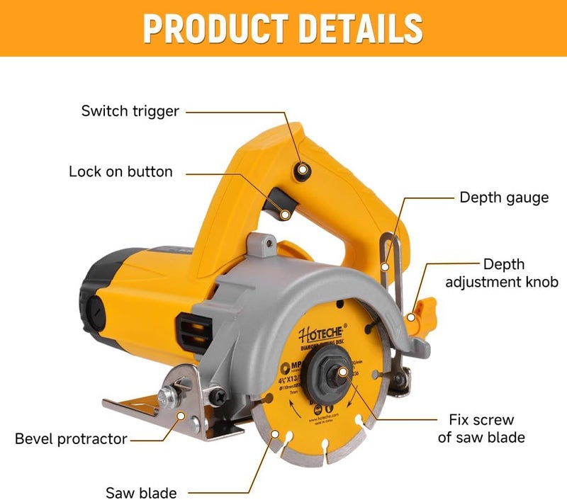 HOTECHE 4-3/8-Inch Dry/Wet Masonry&Tile Saw 1300W Electric Cutter for Stone, Ceramic and Marble Cutting(Tool Only) - Image 2